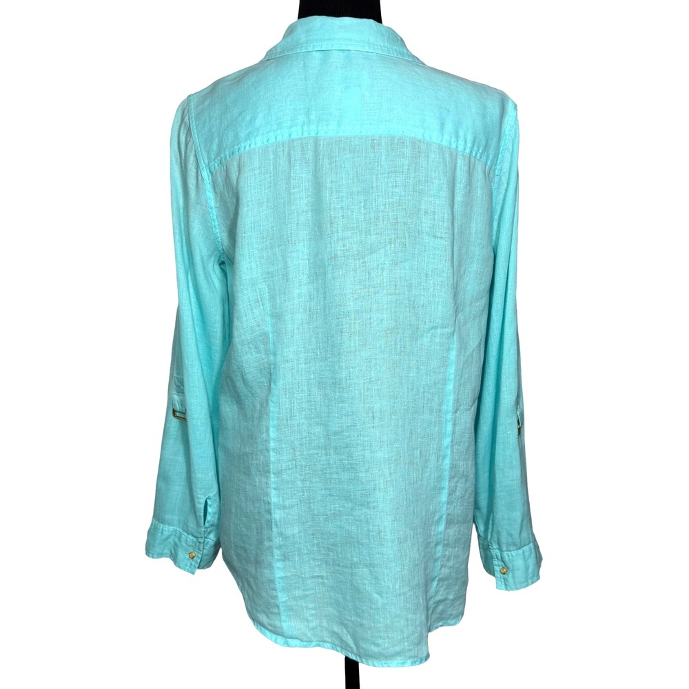Chicos Womens Turquoise 100% Linen Button Down Roll Tab Shirt Aqua Size 1 Medium - Picture 5 of 10